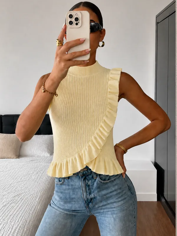 Ribbed High Neck Ruffle Sleeveless Top made by COMMENSE