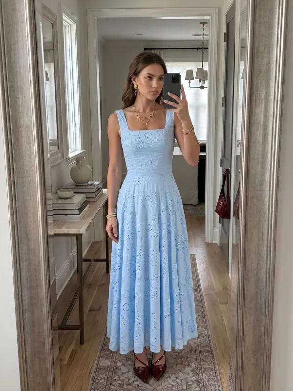 Square Neck Cotton Eyelet Embroidery Maxi Dress made by COMMENSE