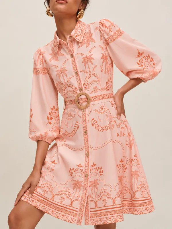 Tropical Print Belted Shirt Dress made by COMMENSE