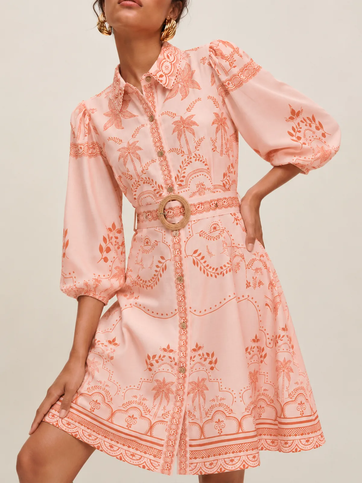 Tropical Print Belted Shirt Dress sold by COMMENSE