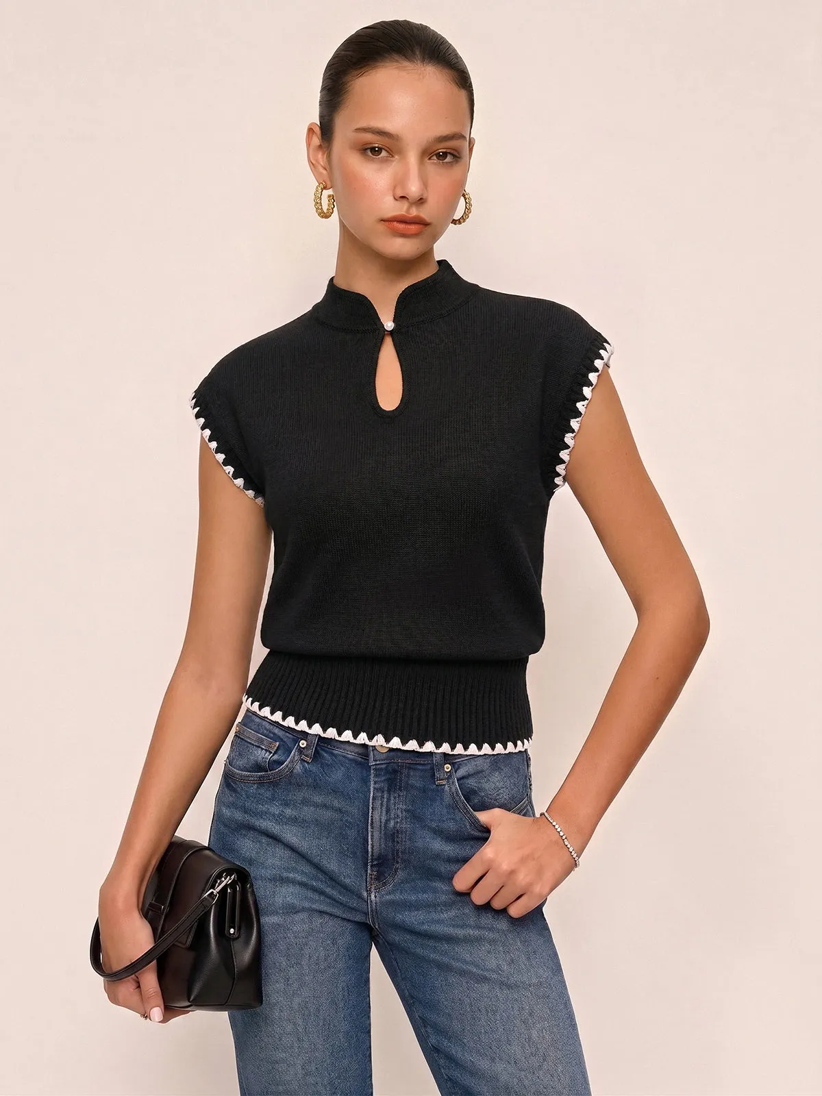 Scallop Trim Keyhole Knit Top sold by COMMENSE