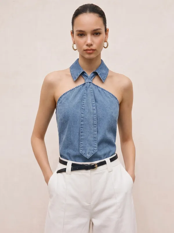 Tie Detail Denim Halter Top made by COMMENSE