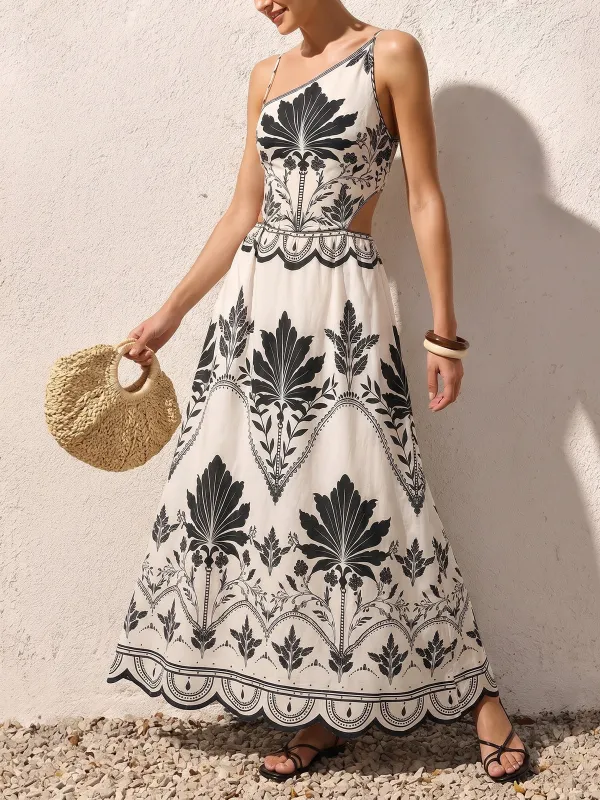 Leaf Print Cutout Asymmetrical Cami Maxi Dress made by COMMENSE