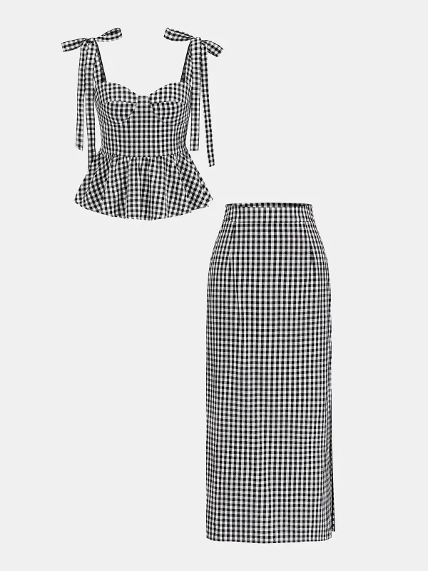 Gingham Bow-Strap Top & Midi Skirt Set made by COMMENSE
