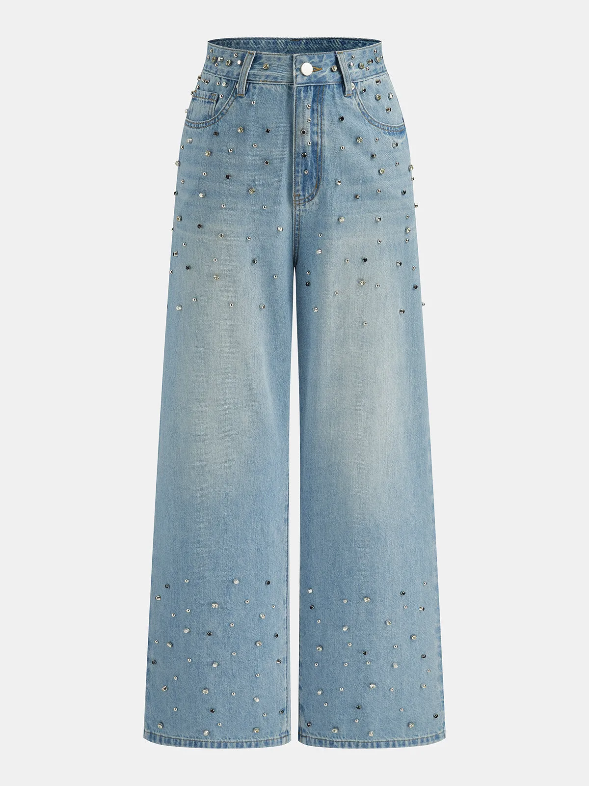Rhinestone Embellished Wide Leg Jeans sold by COMMENSE