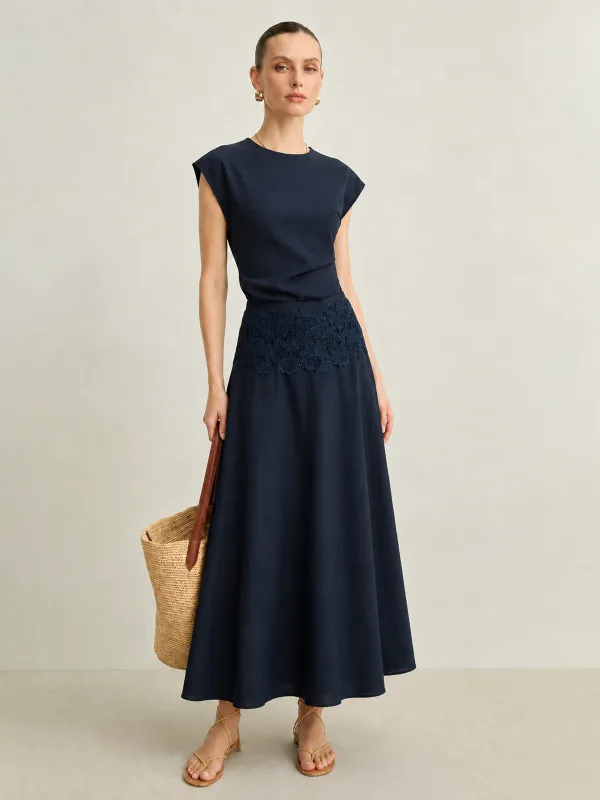 Cotton Linen Top & Lace Waist Skirt Set made by COMMENSE