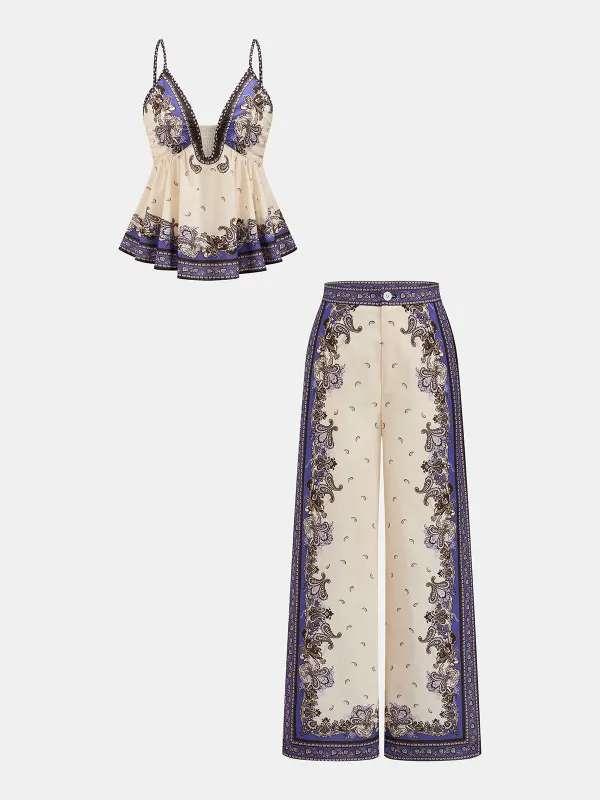 Paisley Print Cami Top & Wide Leg Pants Set made by COMMENSE
