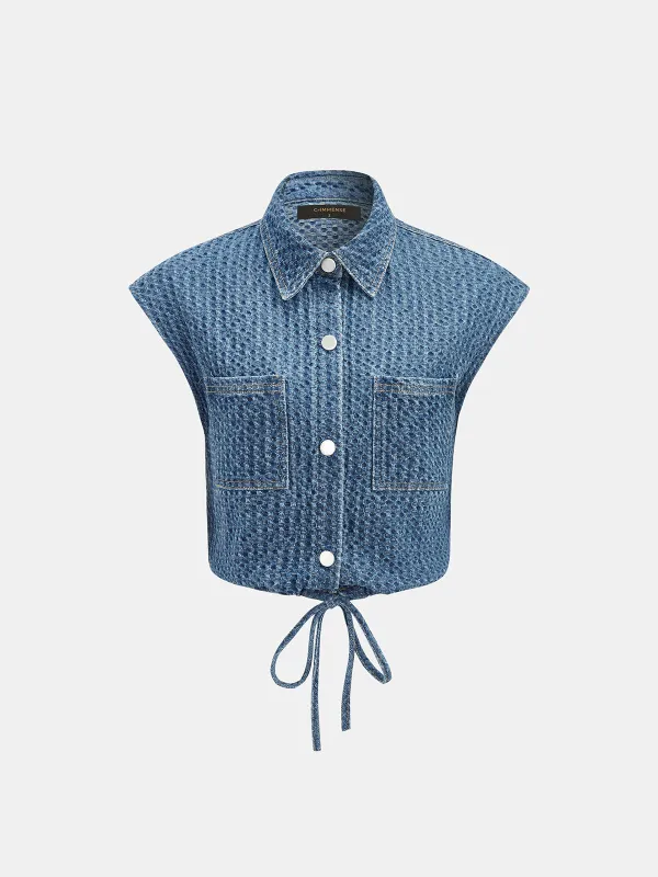 Drawstring Hem Textured Denim Top made by COMMENSE