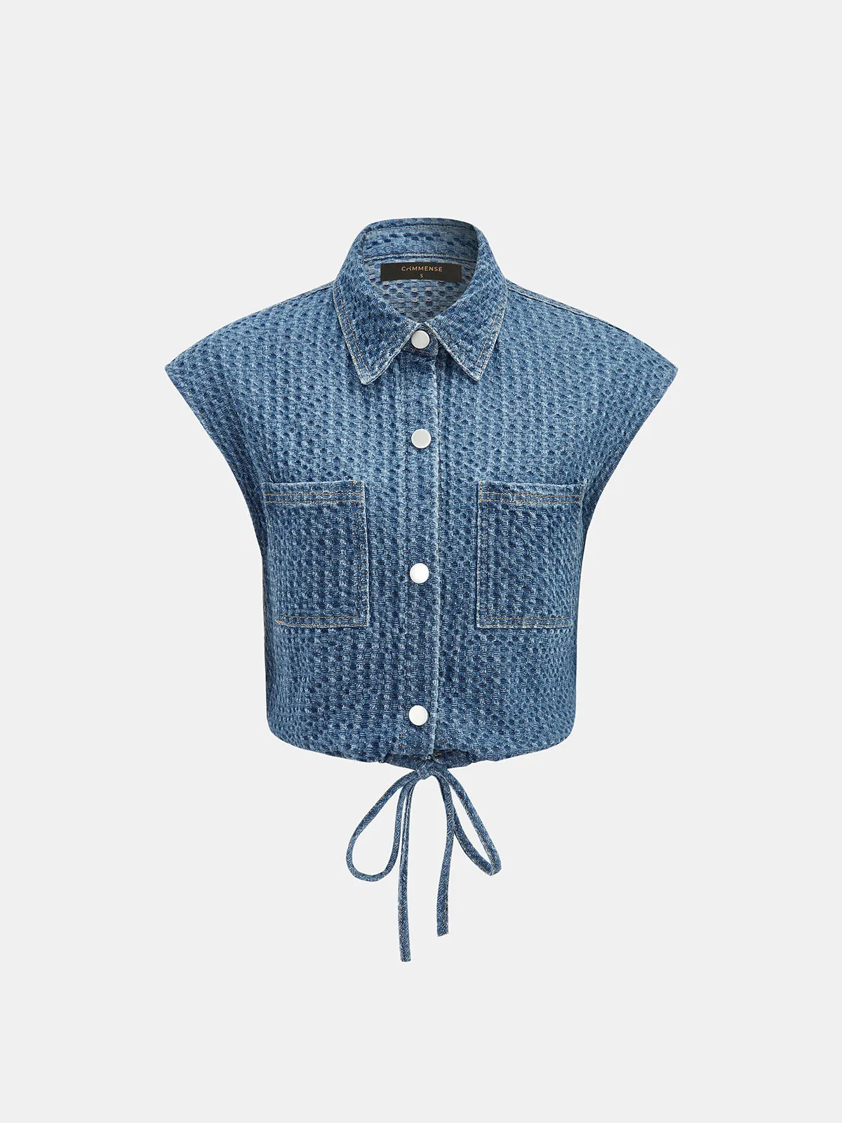 Drawstring Hem Textured Denim Top sold by COMMENSE