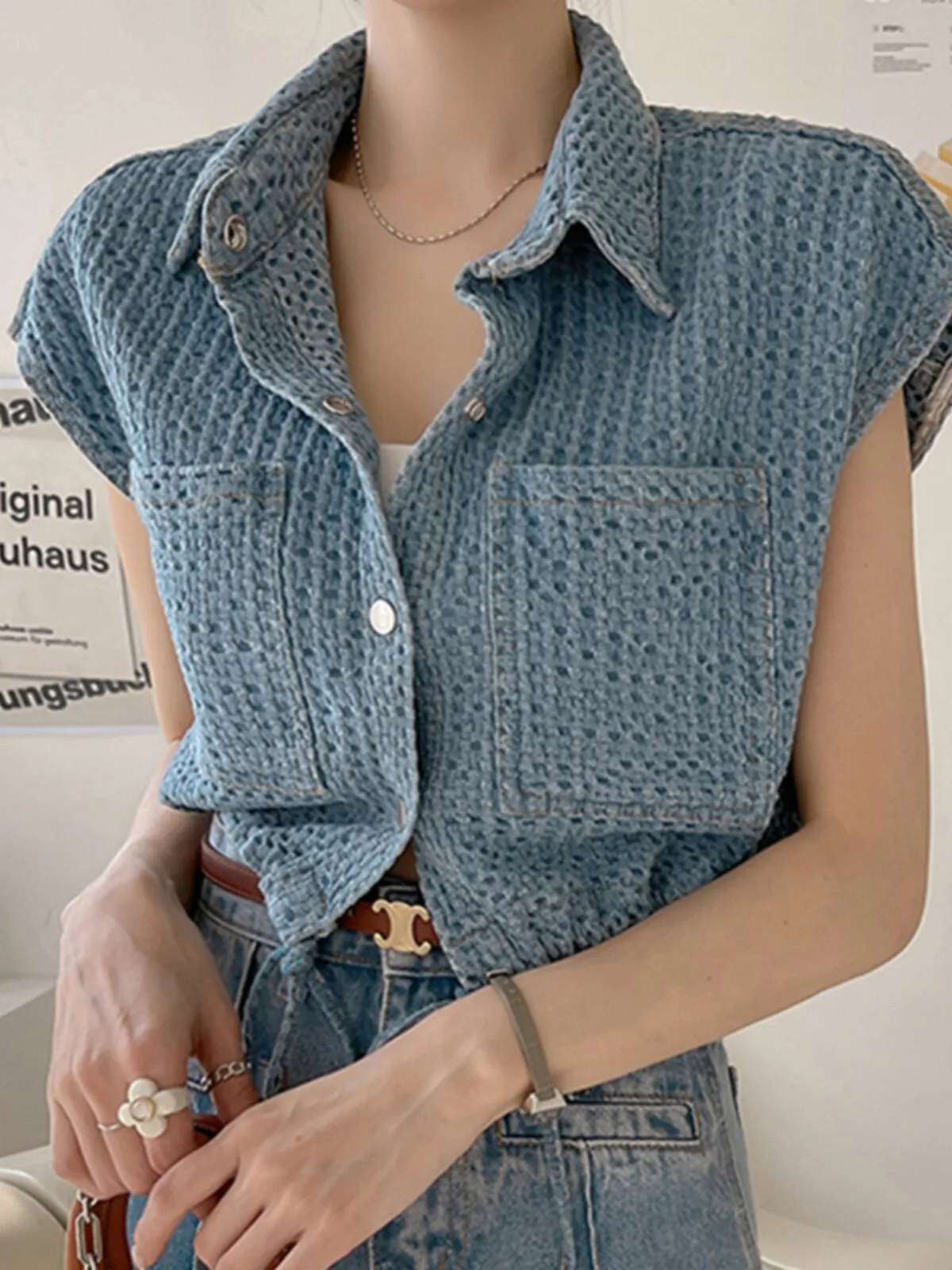 Drawstring Hem Textured Denim Top sold by COMMENSE product image thumbnail 2