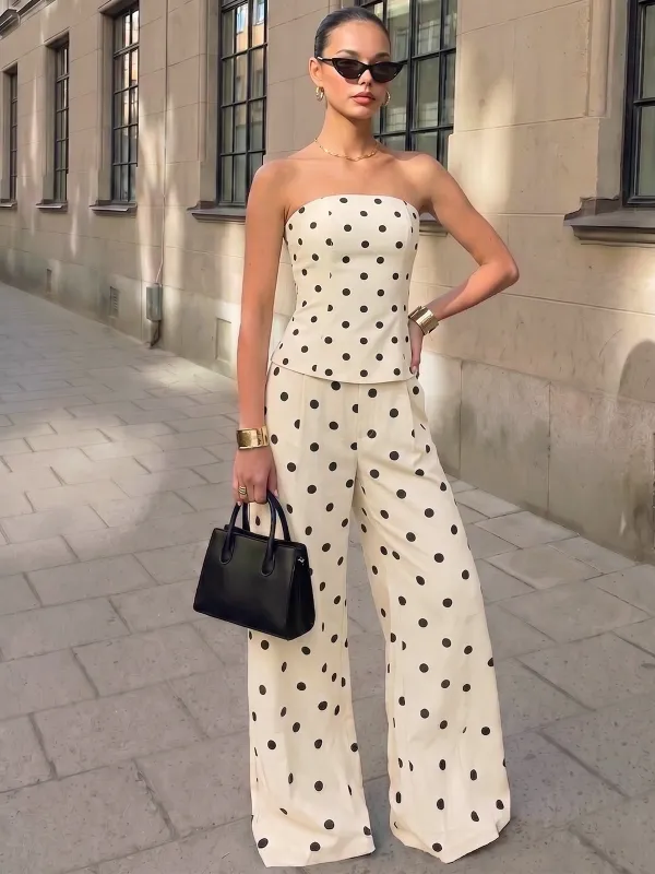Polka Dot Strapless Top & Pants Set made by COMMENSE