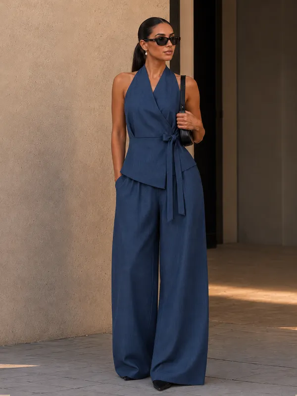 Wrap Tie Halter Top & Drawstring Pants Set made by COMMENSE
