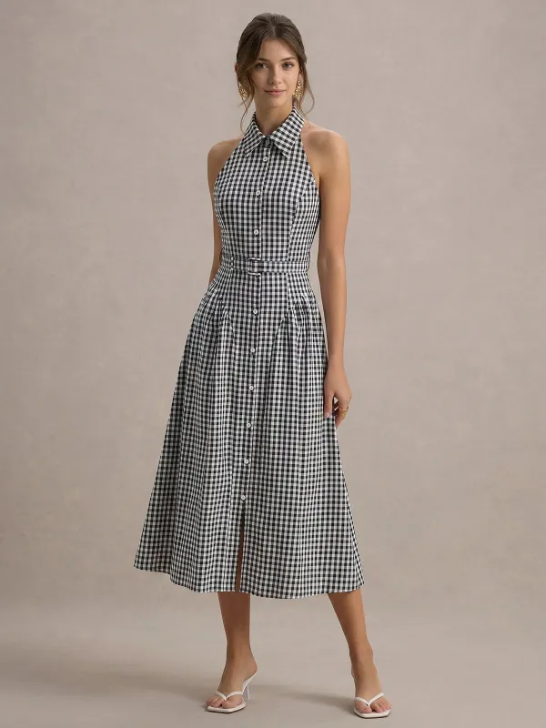 Gingham Collared Halter Belted Midi Dress made by COMMENSE