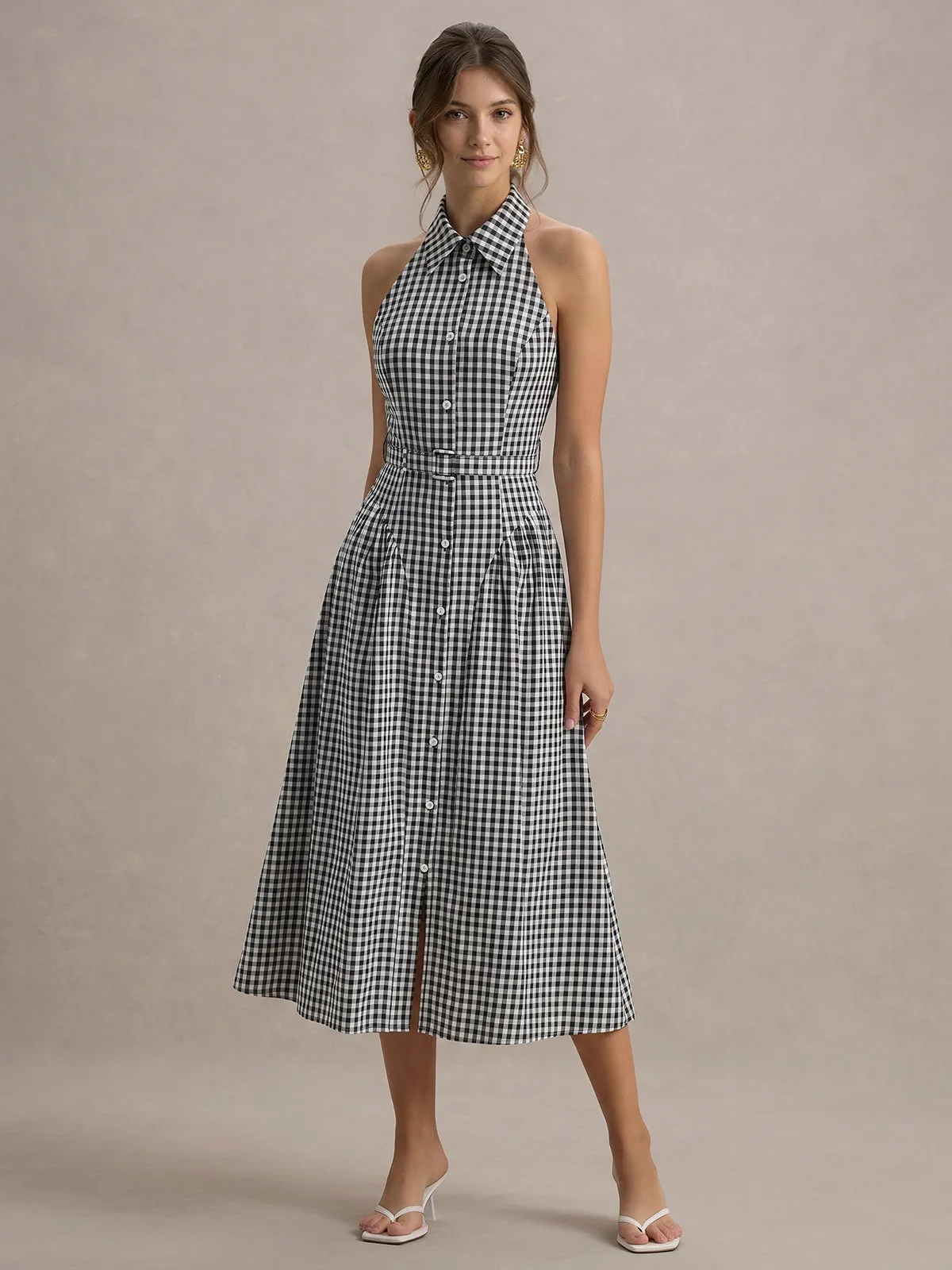 Gingham Collared Halter Belted Midi Dress sold by COMMENSE