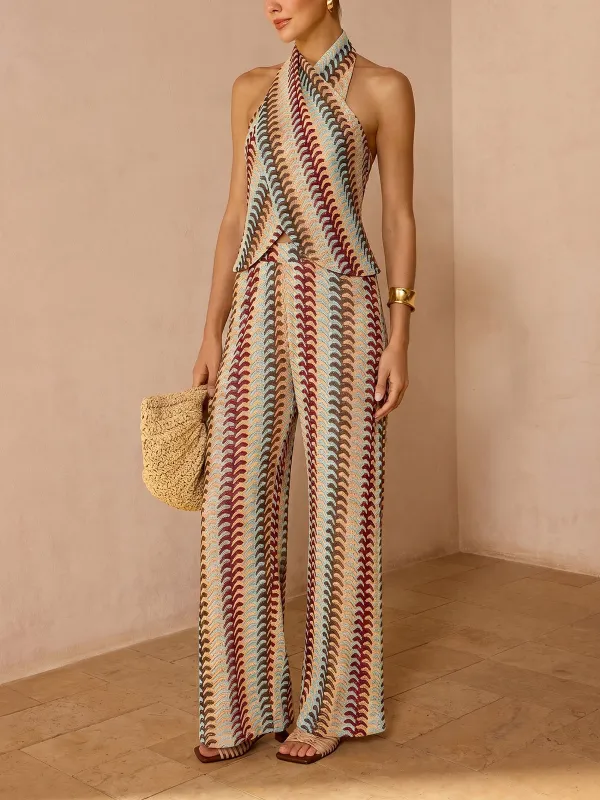 Multicolor Striped Knit Halter Top & Pants Set made by COMMENSE