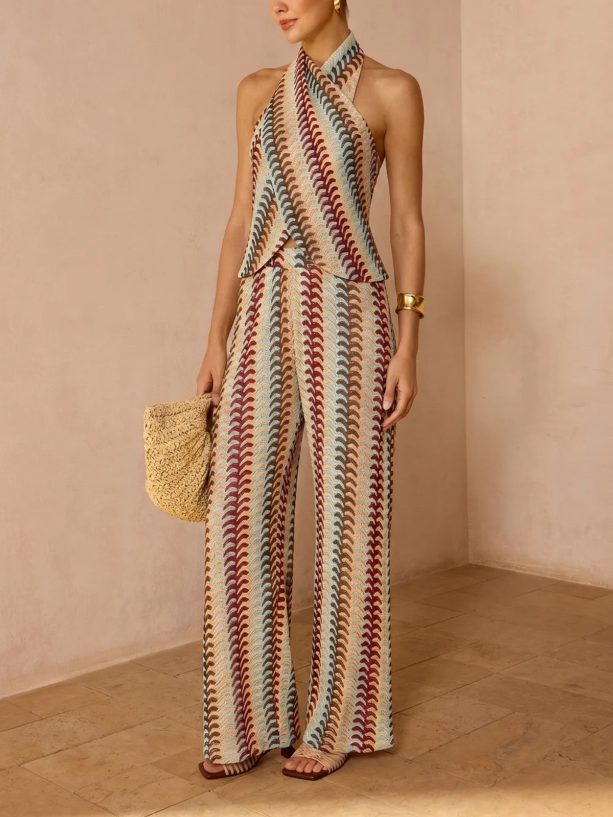 Multicolor Striped Knit Halter Top & Pants Set sold by COMMENSE