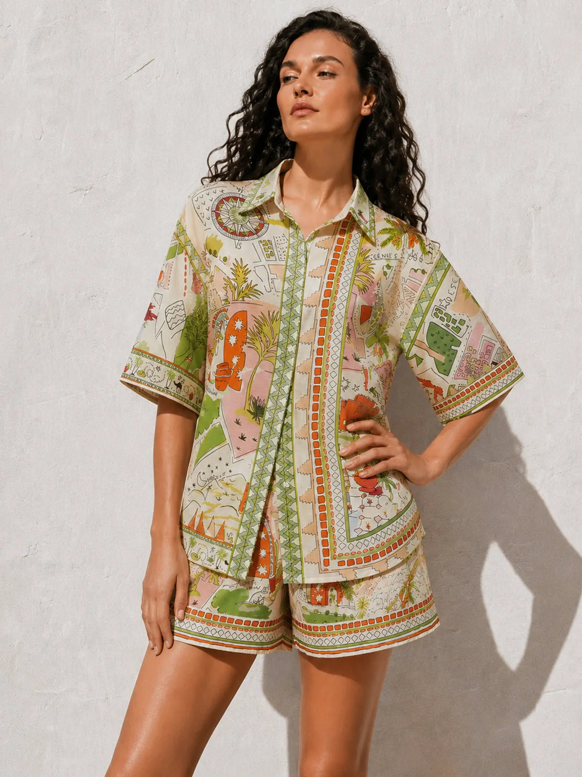 Printed Short Sleeve Shirt & Drawstring Shorts Set sold by COMMENSE
