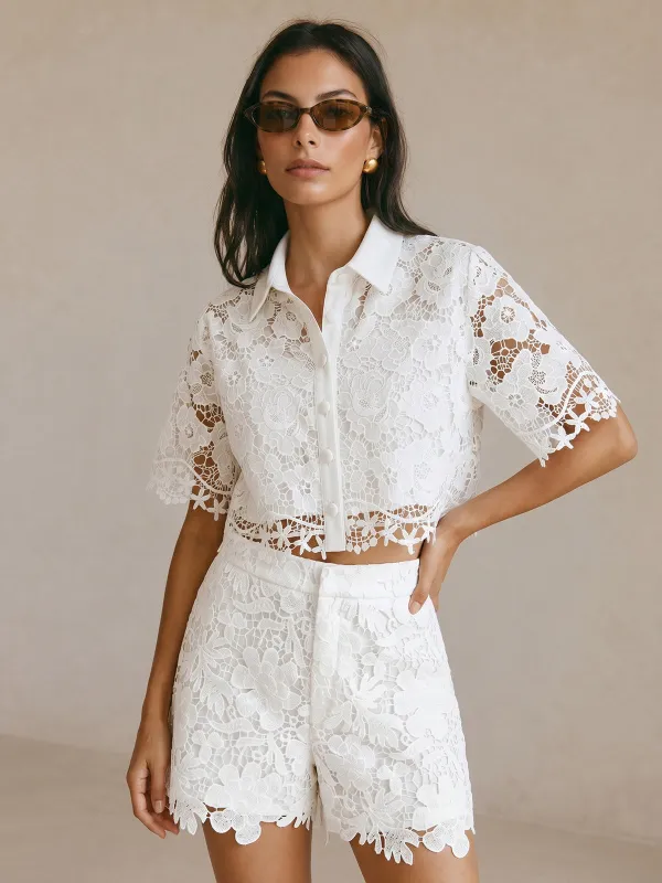 Guipure Lace Short Sleeve Shirt & Shorts Set made by COMMENSE