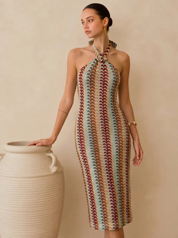 Multicolor Striped Knit Halter Midi Dress made by COMMENSE