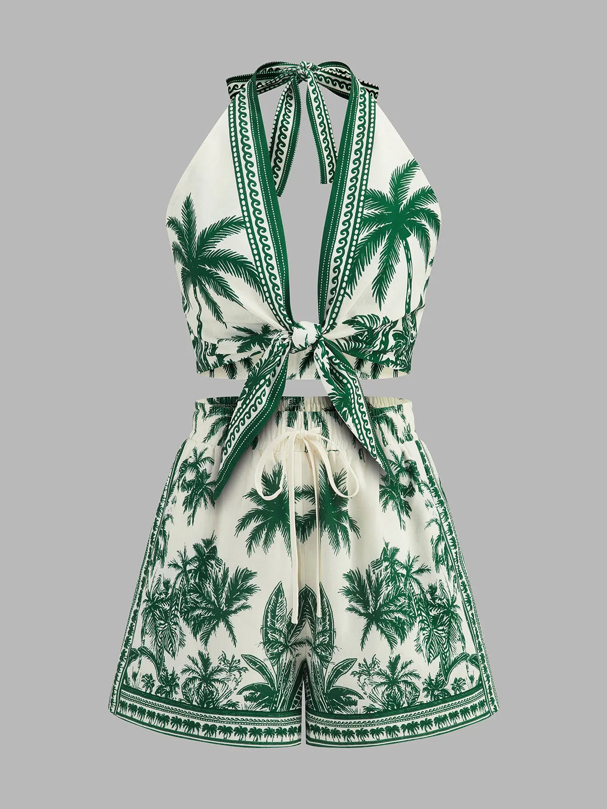 Tropical Print Halter Top & Drawstring Shorts Set sold by COMMENSE product image thumbnail 2