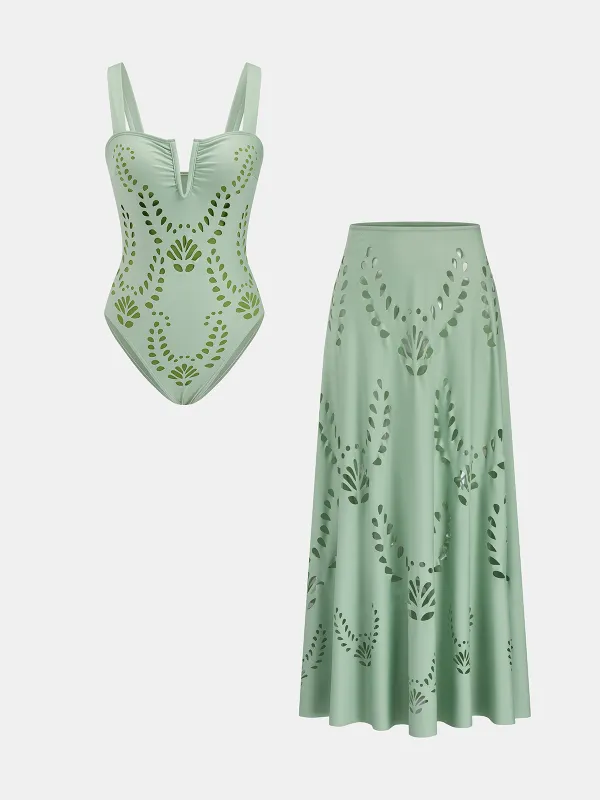 Laser Cut One Piece Swimsuit & Skirt Set made by COMMENSE