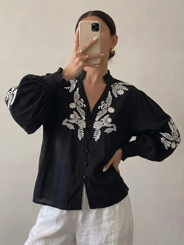 Puff Sleeve V-Neck Embroidered Blouse made by COMMENSE
