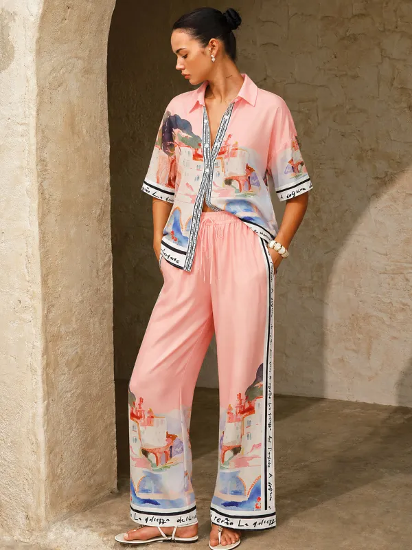 Watercolor Print Shirt & Drawstring Pants Set made by COMMENSE