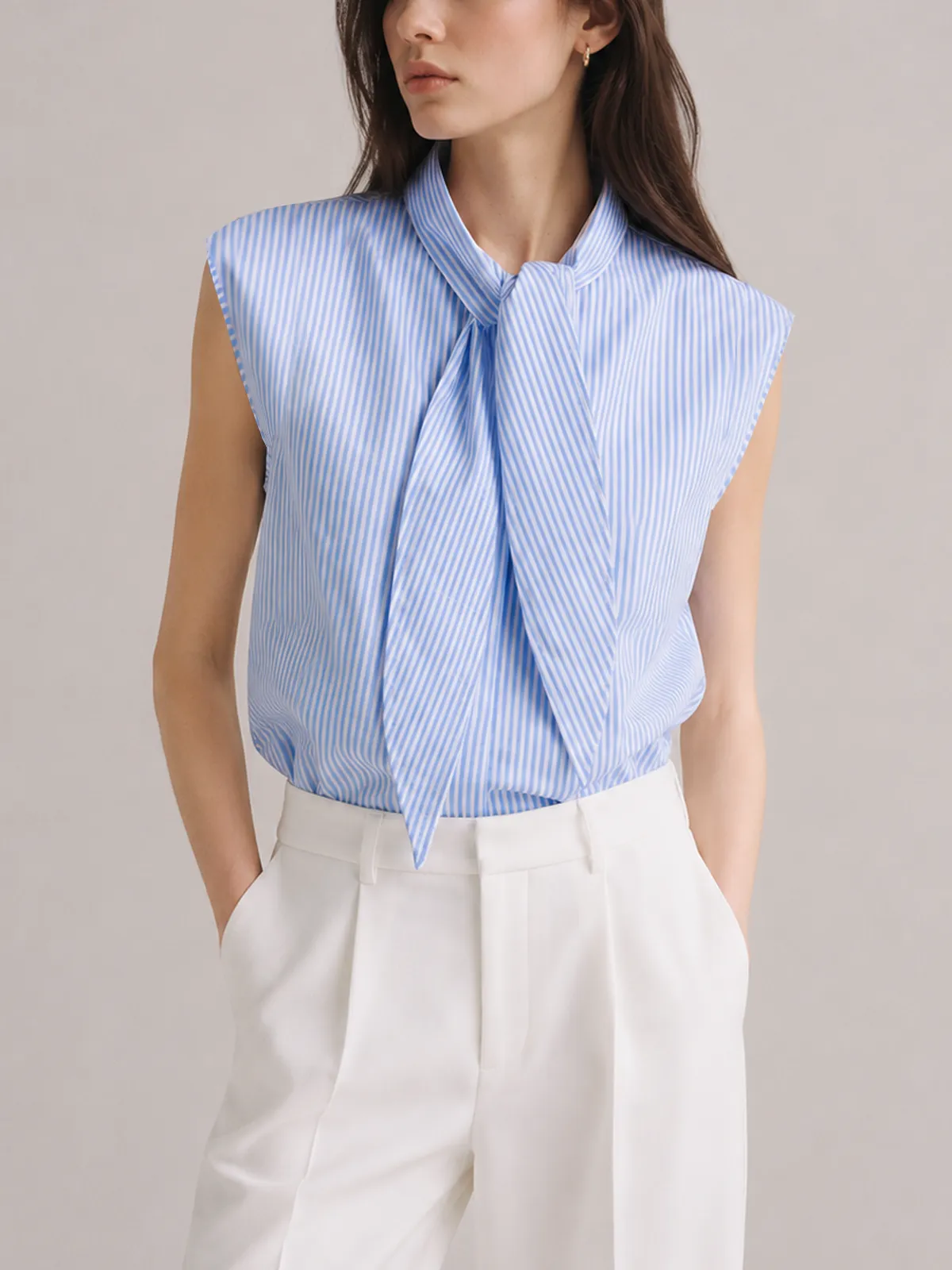 Tie Neck Striped Sleeveless Shirt sold by COMMENSE