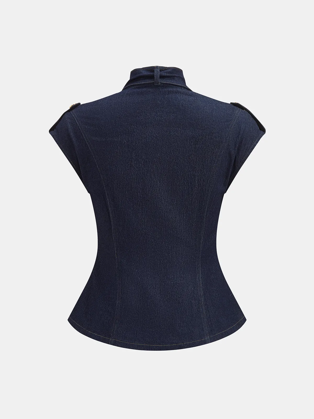 Tie Neck Epaulette Waist-Cinched Denim Blouse sold by COMMENSE product image thumbnail 4