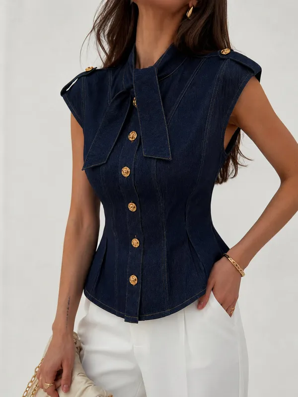 Tie Neck Epaulette Waist-Cinched Denim Blouse made by COMMENSE