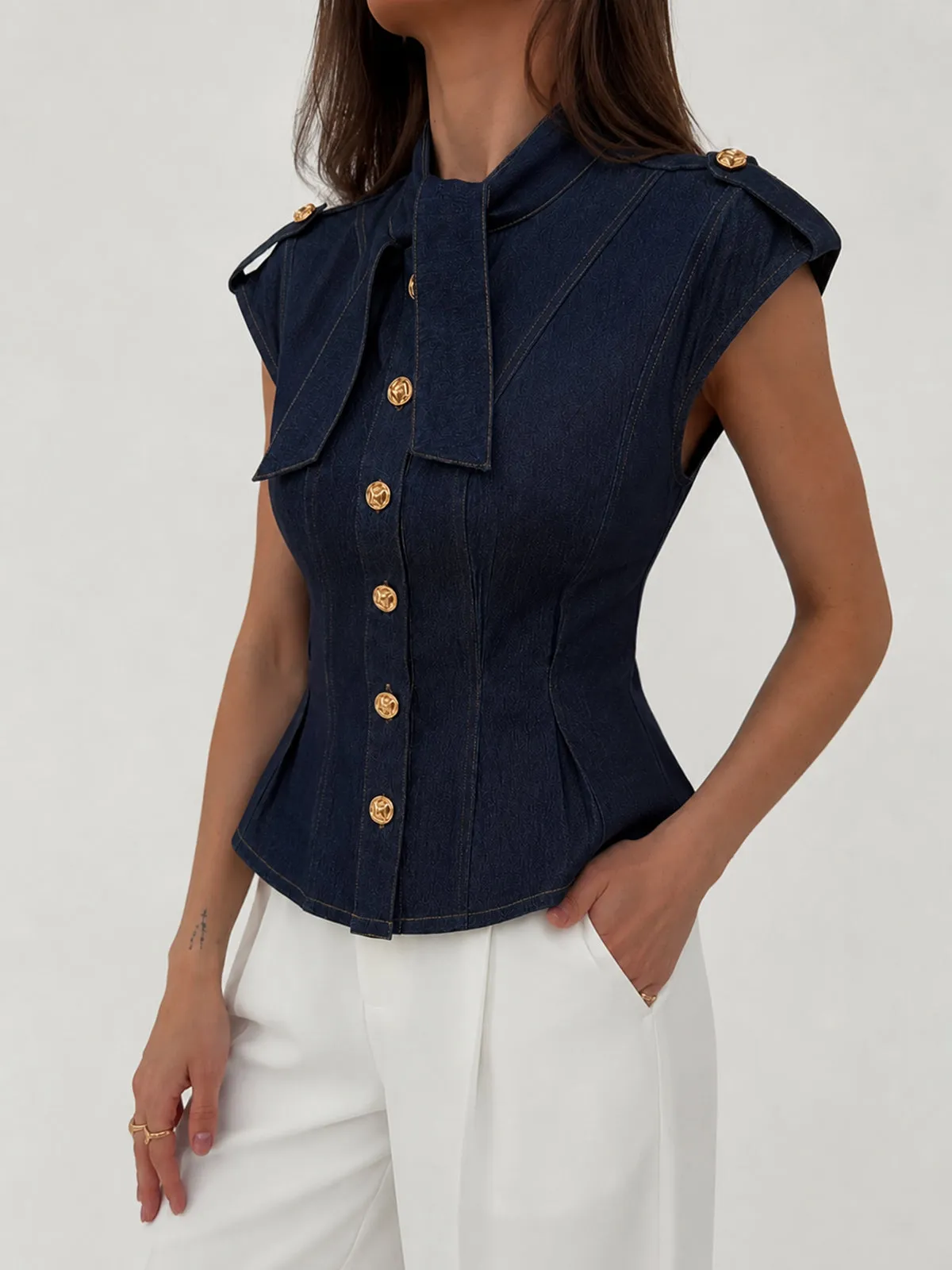 Tie Neck Epaulette Waist-Cinched Denim Blouse sold by COMMENSE product image thumbnail 5