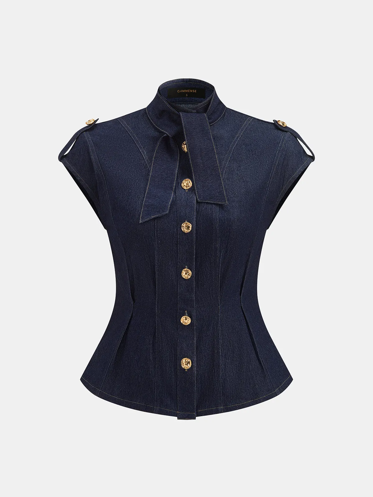 Tie Neck Epaulette Waist-Cinched Denim Blouse sold by COMMENSE product image thumbnail 2