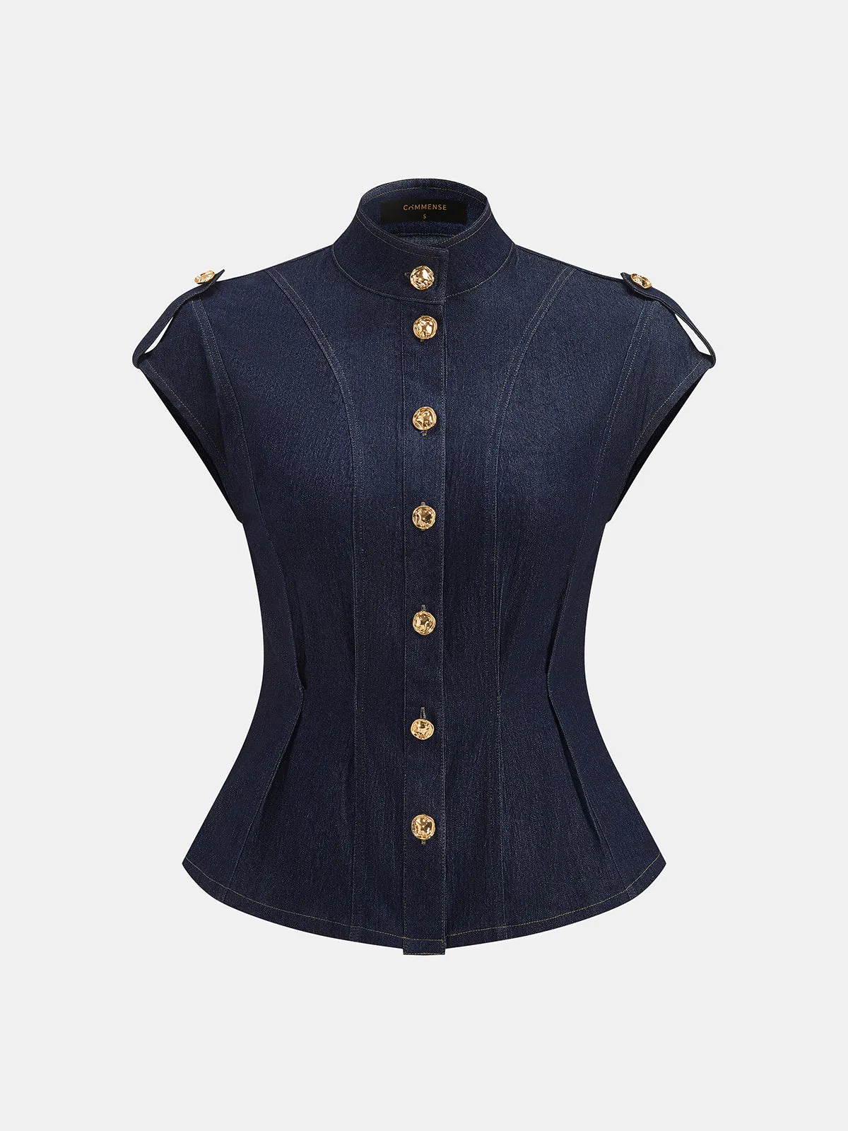 Tie Neck Epaulette Waist-Cinched Denim Blouse sold by COMMENSE product image thumbnail 3