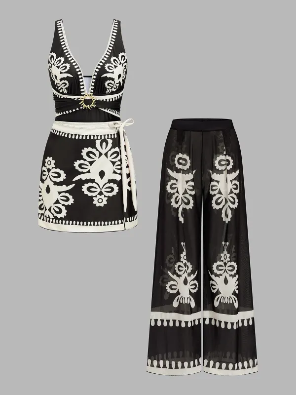 3-Piece Boho Floral Print Swimsuit Set made by COMMENSE