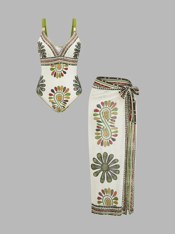 Paisley Print One Piece Swimsuit & Sarong Set made by COMMENSE