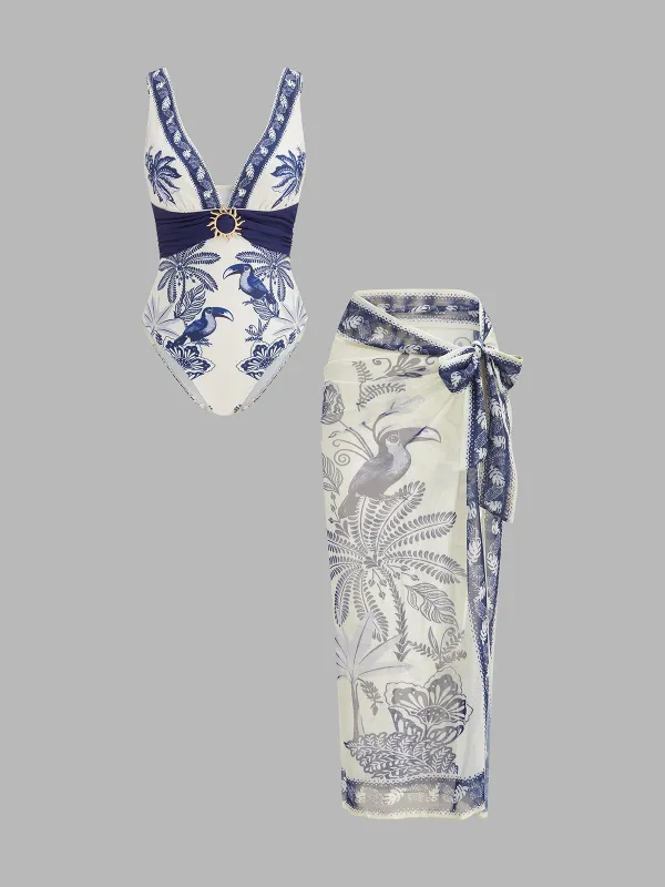 Tropical Toucan Print One Piece Swimsuit & Sarong Set made by COMMENSE
