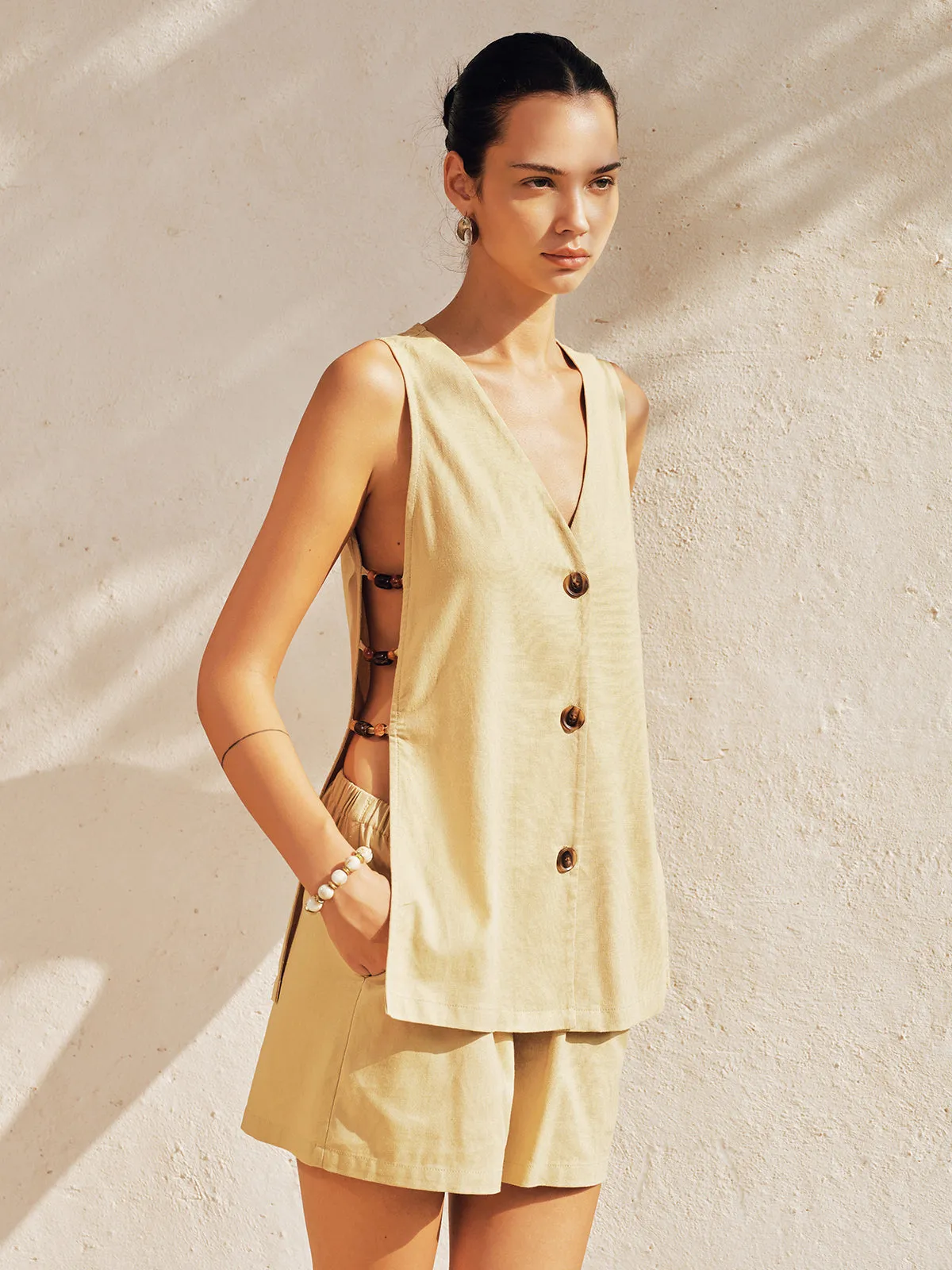Side Bead Cutout Linen Blend Vest & Shorts Set sold by COMMENSE product image thumbnail 3