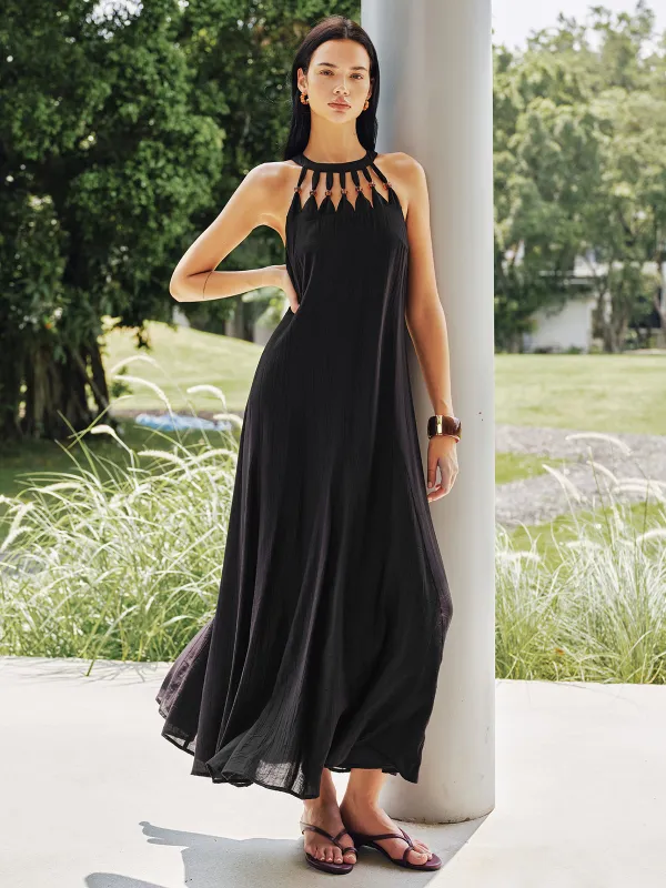 Bead Cutout Neck Crinkle Maxi Dress made by COMMENSE
