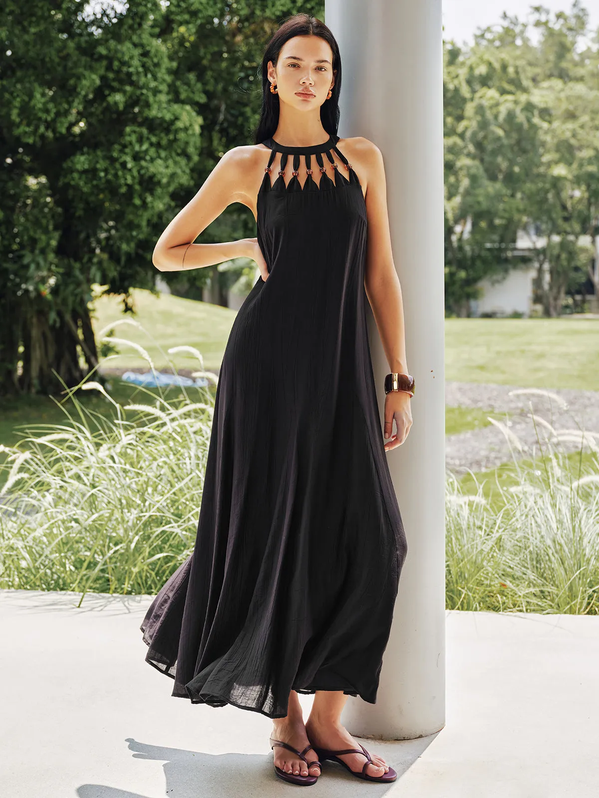 Bead Cutout Neck Crinkle Maxi Dress sold by COMMENSE