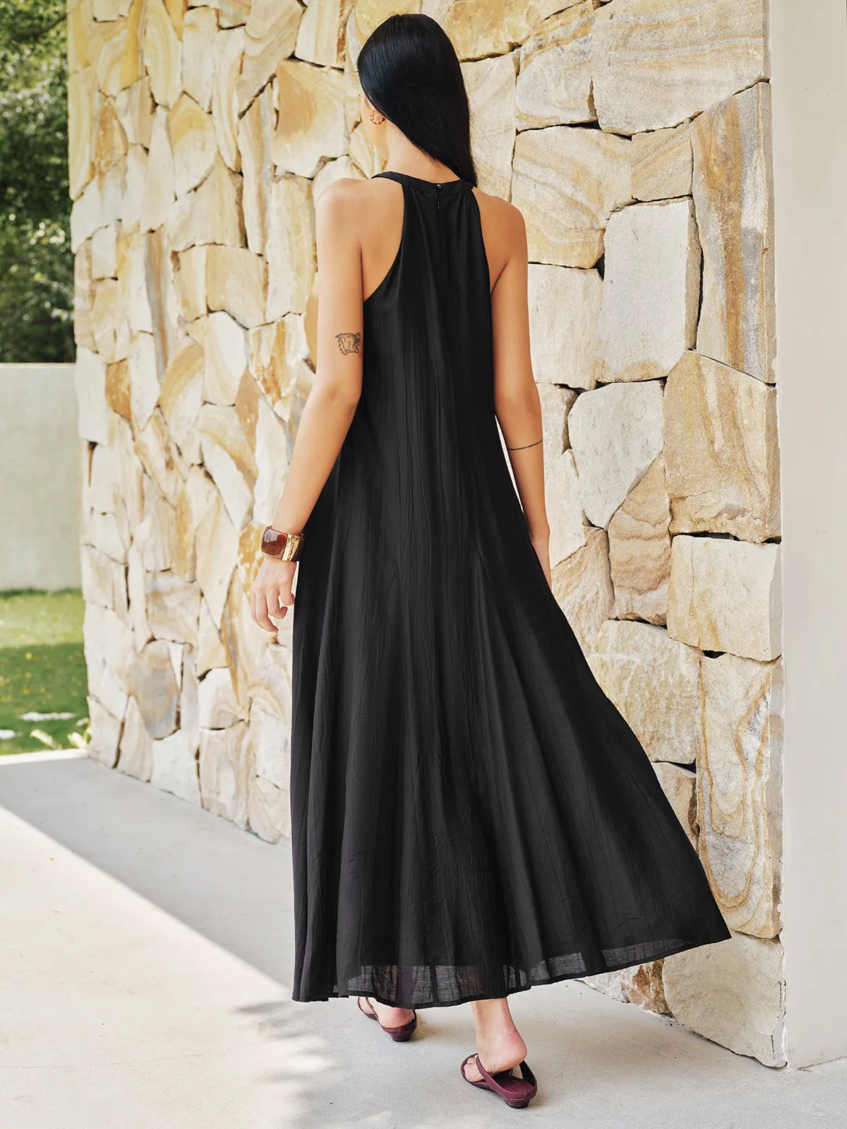 Bead Cutout Neck Crinkle Maxi Dress sold by COMMENSE product image thumbnail 5
