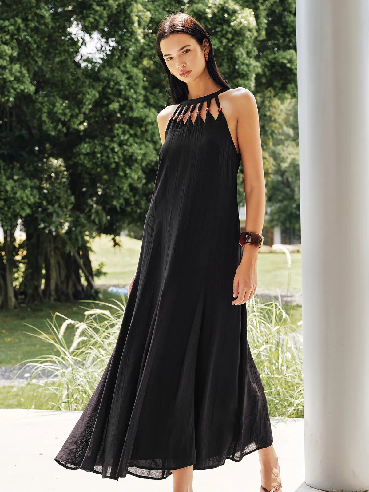 Bead Cutout Neck Crinkle Maxi Dress sold by COMMENSE product image thumbnail 2