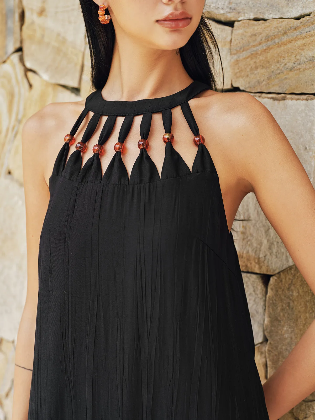 Bead Cutout Neck Crinkle Maxi Dress sold by COMMENSE product image thumbnail 3