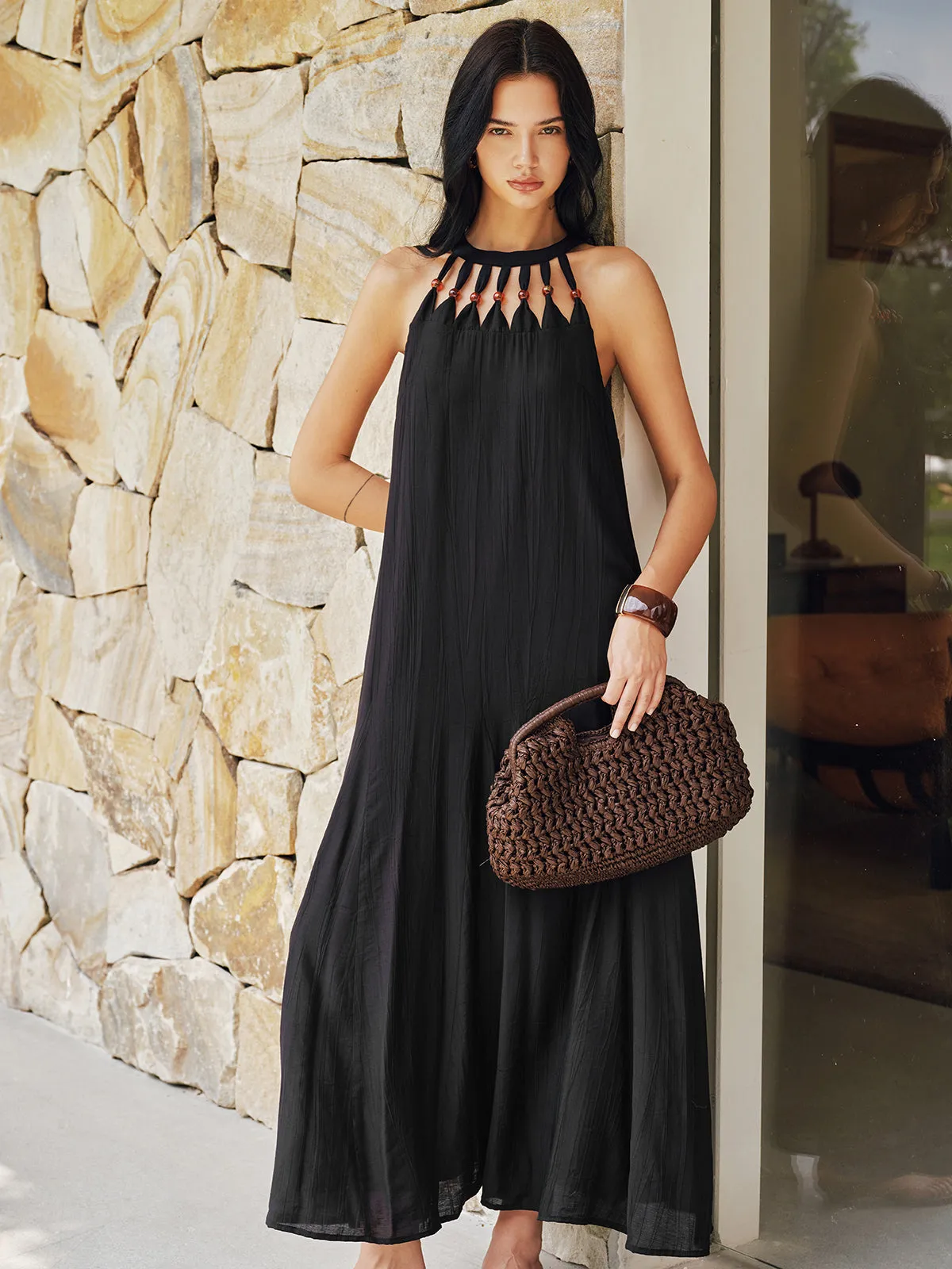 Bead Cutout Neck Crinkle Maxi Dress sold by COMMENSE product image thumbnail 4