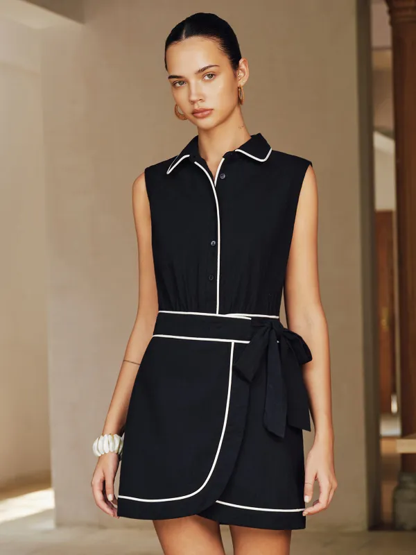 Contrast Piping Sleeveless Collared Cotton Mini Dress made by COMMENSE