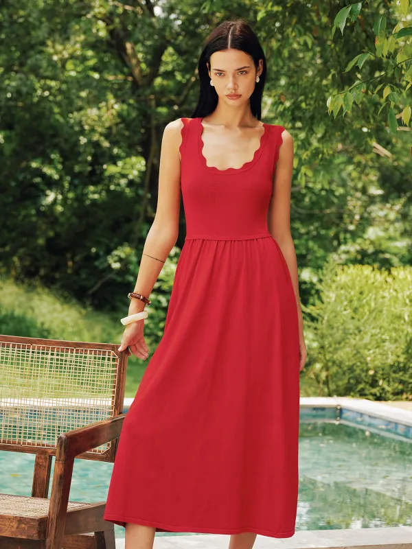 Scallop Trim Sleeveless Knit Flowy Midi Dress made by COMMENSE