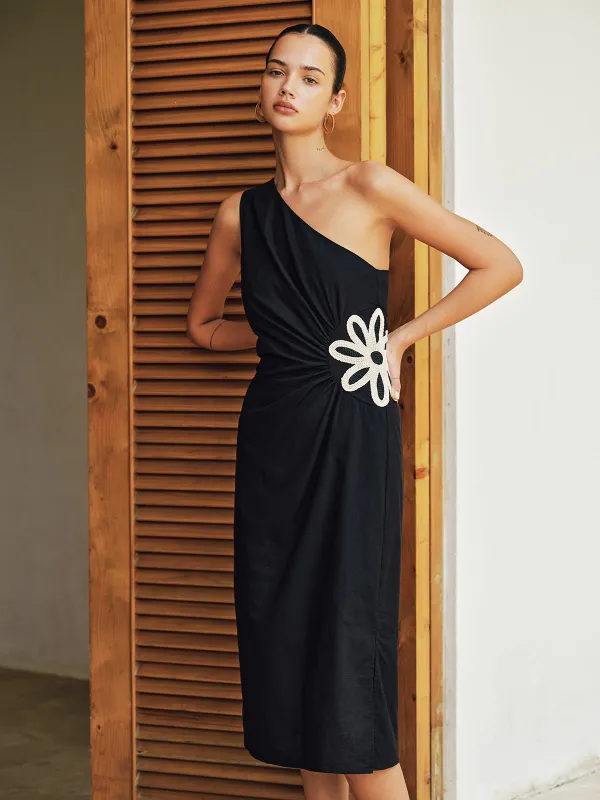 One Shoulder Crochet Floral Cotton Linen Dress made by COMMENSE