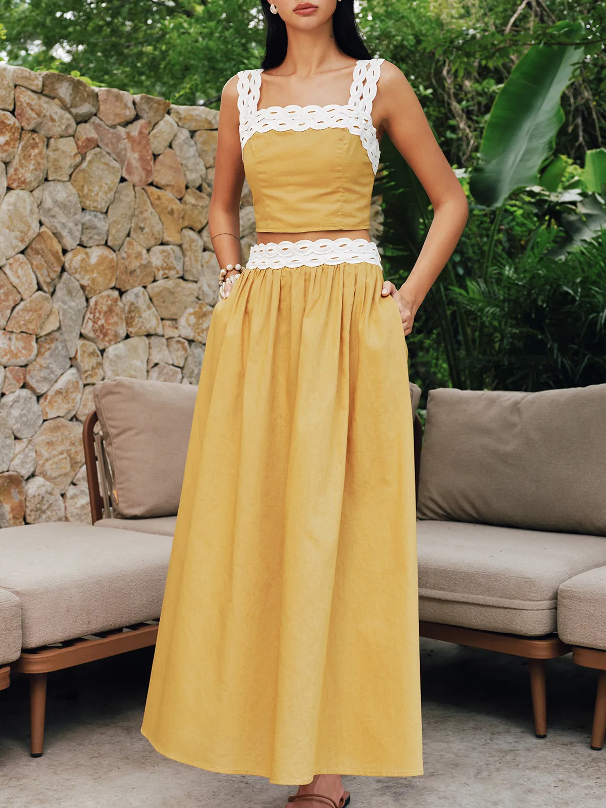 Contrast Trim Cotton Linen Top & Skirt Set sold by COMMENSE product image thumbnail 4