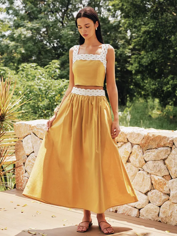 Contrast Trim Cotton Linen Top & Skirt Set made by COMMENSE