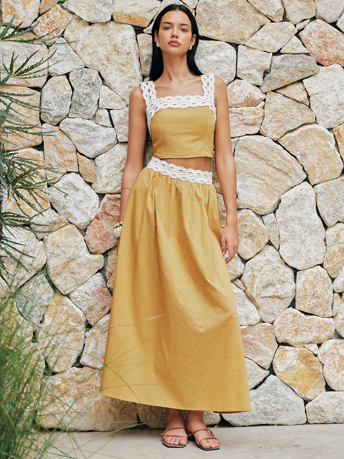 Contrast Trim Cotton Linen Top & Skirt Set sold by COMMENSE product image thumbnail 5