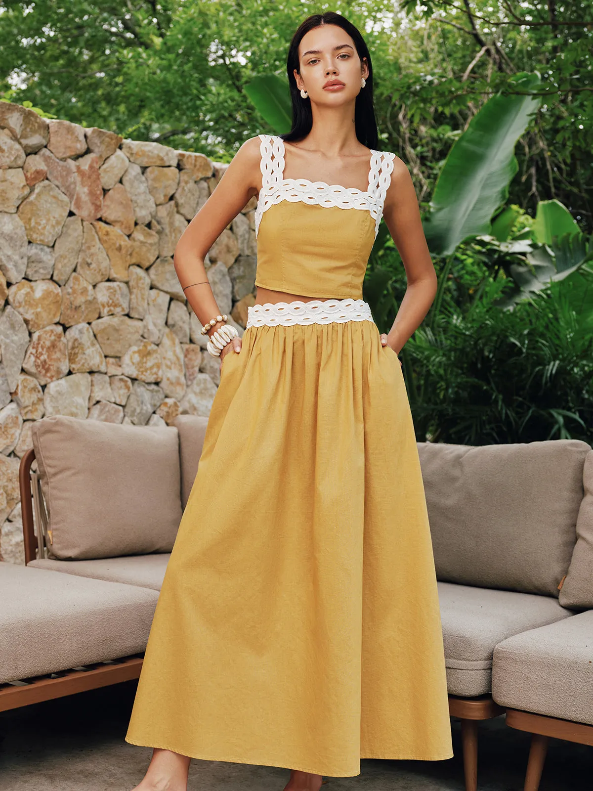 Contrast Trim Cotton Linen Top & Skirt Set sold by COMMENSE product image thumbnail 2